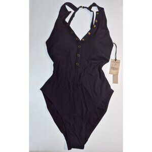 Robin Piccone One Piece Swimsuit Navy Blue Ribbed Halter Button Front Size 8 NWT